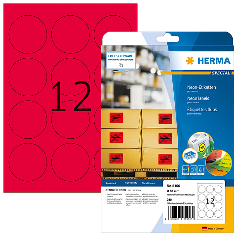 HERMA Neonetiketten A4 Ø 60 mm rund neon-rot Papier matt 240 St.