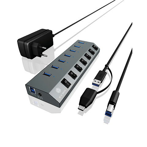 ICY BOX IB-HUB1701-C3, 7 Port USB 3.2 Gen 1 Type-A Hub, Aluminium Gehäuse, mit 7x USB Type-A, Type-A + Type-C Host, An-/Ausschalter für jeden Port