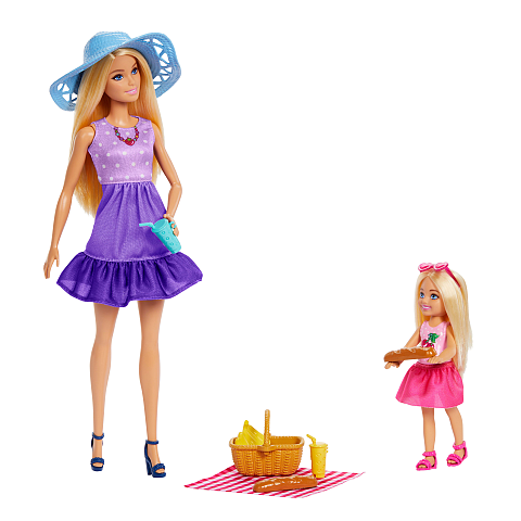 Barbie Chelsea Barbie-Puppen und Accessoires aus der Reihe Family & Friends, Spielset im Picknick-Thema mit 2 Puppen und 9 Accessoires