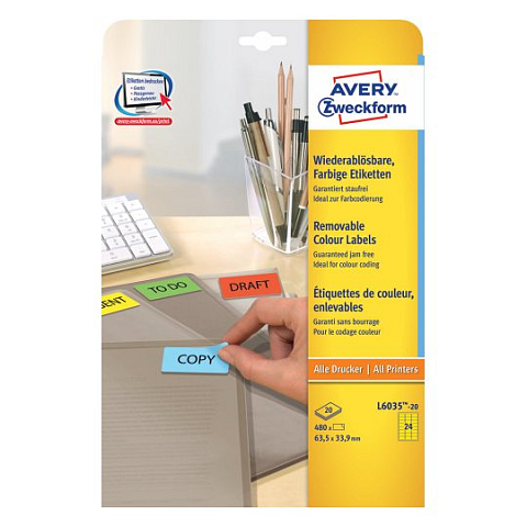 Avery L6035-20 selbstklebendes Etikett Abgerundetes Rechteck Entfernbar Gelb 480 Stück(e)