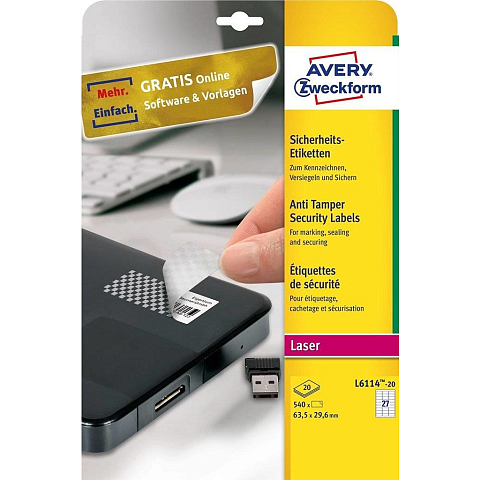 Avery L6114-20 selbstklebendes Etikett Abgerundetes Rechteck Permanent Weiß 540 Stück(e)