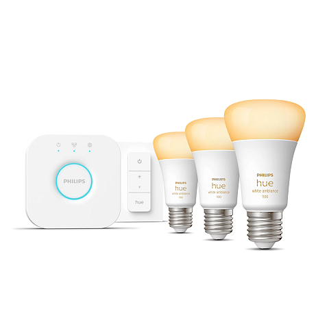 Philips Hue White ambience Starter-Set: E27 - Lampe A60 Dreierpack + Dimmschalter