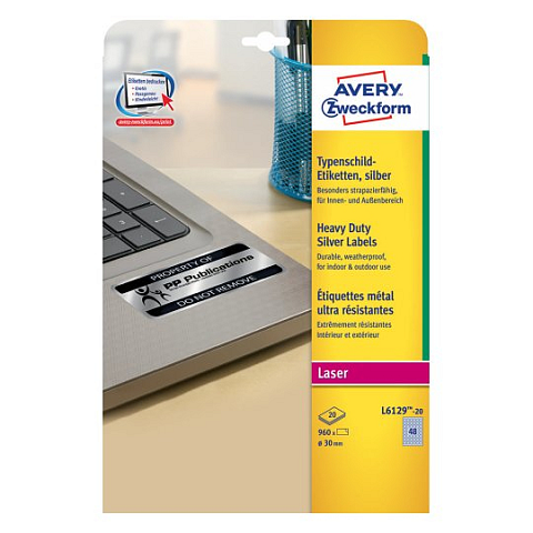Avery L6129-20 selbstklebendes Etikett Kreis Permanent Silber 960 Stück(e)