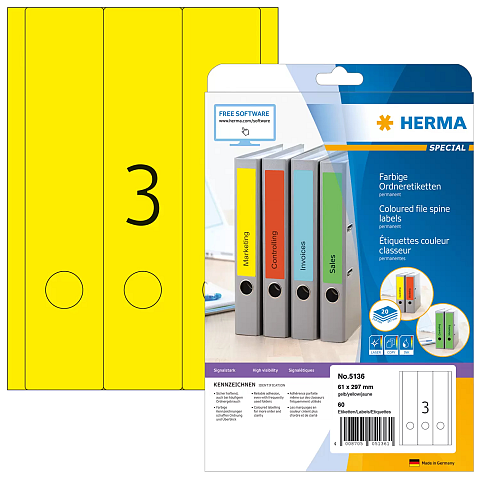 HERMA Ordneretiketten A4 61x297 mm gelb Papier matt blickdicht 60 St.