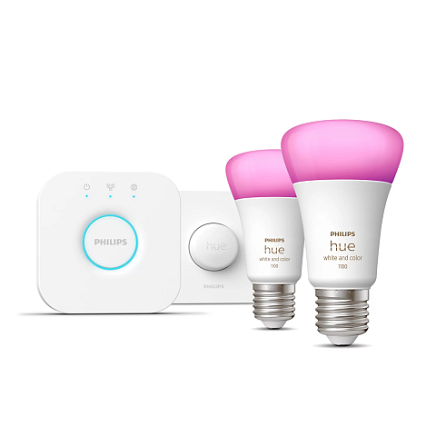 Philips Hue White and Color ambiance Starter-Set: E27 - Lampe A60 Doppelpack + Smart Button