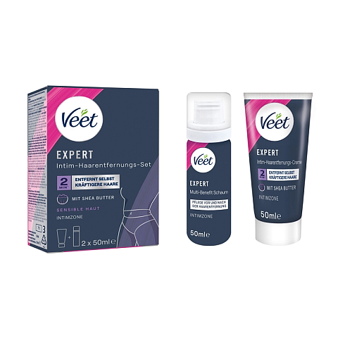 Veet EXPERT Intim-Haarentfernungs-Set, Intim-Haarentfernungscreme + Multi-Benefit Schaum, 100ml