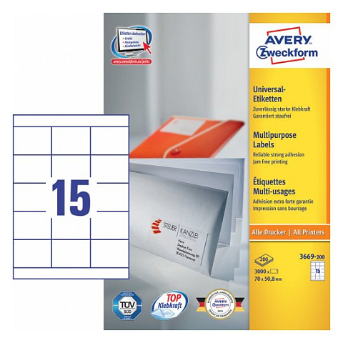 Avery 3669-200 selbstklebendes Etikett Rechteck Permanent Weiß 3000 Stück(e)