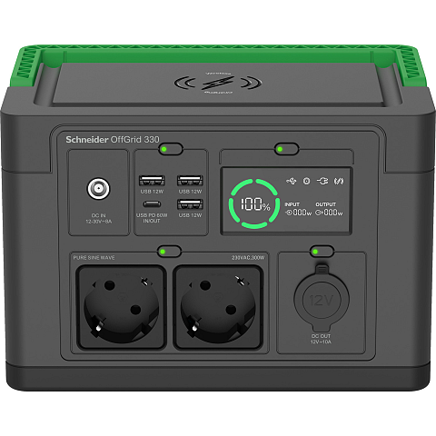 APC SE OffGrid Portable Power Station 330 – Li-Ionen-Akku, LCD, 2x Schuko Ausgänge, 3x USB-A, 1x USB-C, 1x 12V, kabelloses Ladegerät