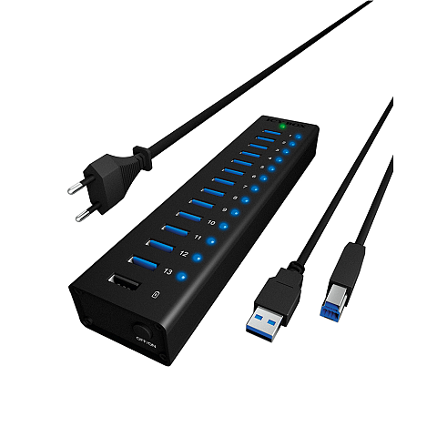 ICY BOX IB-AC6113, 13 Port USB3.0 Hub + 1x Ladeport, Aluminium Gehäuse mit Netzteil