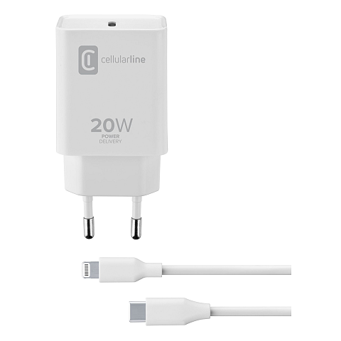Cellularline USB-C Charger Kit 20W - USB-C to Lightning - iPhone 8 or later Netzladegerät USB-C 20 W zum Aufladen von iPhone 8 und späteren Modellen mit USB-C auf Lightning-Kabel bei der höchsten Geschwindigkeit