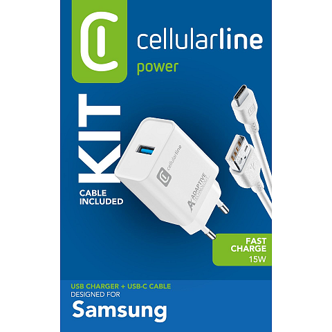 Cellularline Adaptive Fast Charger Kit 15W - USB-C - Samsung Schnelles Akkuladegerät mit Typ-C-Kabel für Geräte mit adaptiver Ladetechnik