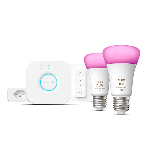 Philips Hue White and Color ambiance Starter-Set: E27 Lampe A60 Doppelpack - 1100lm + Dimmschalter + Smart Plug