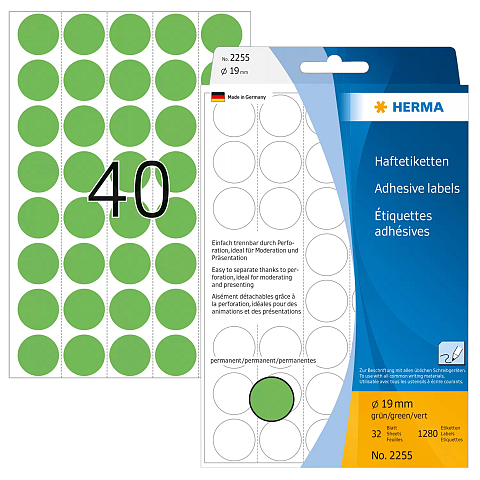 HERMA Vielzwecketiketten/Farbpunkte Ø 19 mm rund grün Papier matt Trägerpapier perforiert 1280 St.