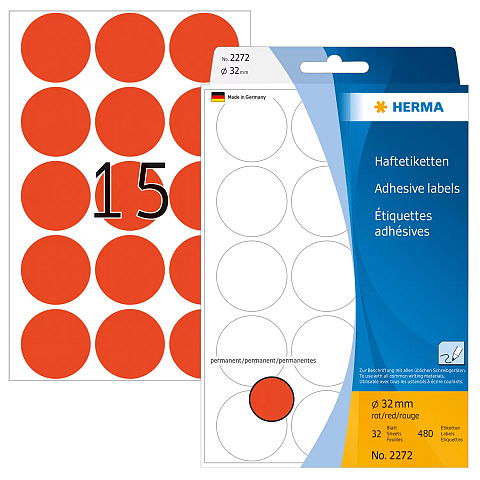 HERMA Vielzwecketiketten/Farbpunkte Ø 32 mm rund rot Papier matt Handbeschriftung 480 St.