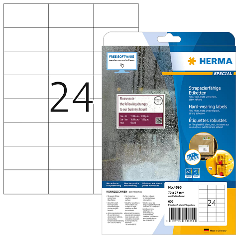 HERMA Etiketten strapazierfähig A4 70x37 mm weiß stark haftend Folie matt wetterfest 600 St.
