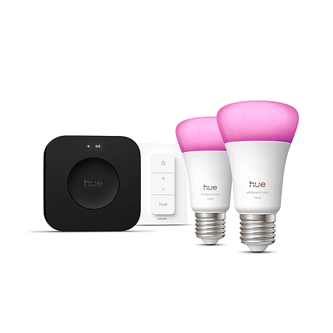 Philips Hue White and Color ambiance Starter-Set: 2 smarte E27-Lampen + Dimmschalter + Hue Bridge Pro