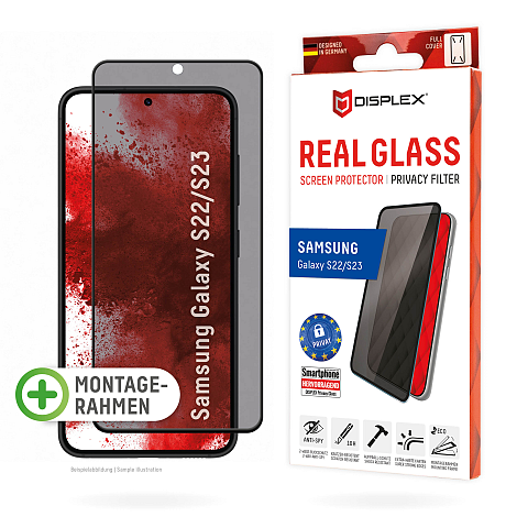 Displex Privacy Panzerglas (10H) für Samsung Galaxy S22/S23, Eco-Montagerahmen, Privacy Filter