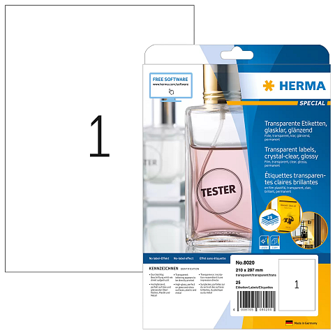 HERMA Etiketten transparent glasklar A4 210x297 mm transparent klar Folie glänzend 25 St.