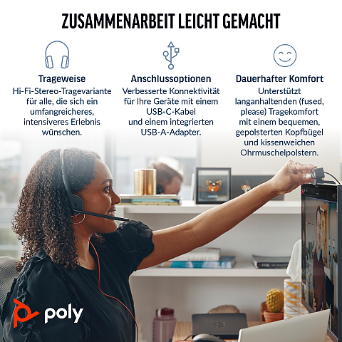 HP Poly Blackwire 3320 USB-C Stereo-Headset, für Microsoft Teams zertifiziert, + USB-C/A-Adapter