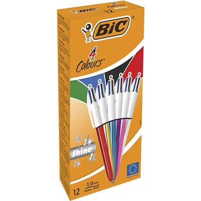 BIC 4 Colours Shine Schwarz, Blau, Grün, Rot Clip-on-Einziehkugelschreiber Medium 12 Stück(e)