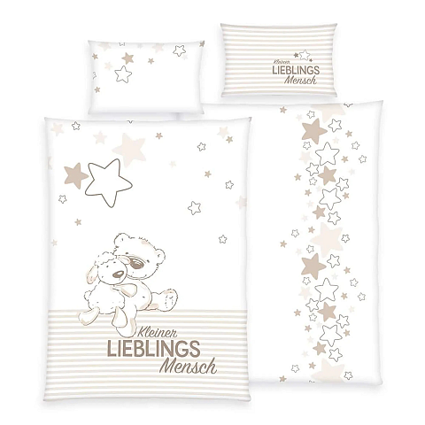 HERDING babybest® Bettwäsche-Set 'Kleiner Lieblingsmensch Beige' – 100x135 cm, verschiedene Qualitäten - renforce