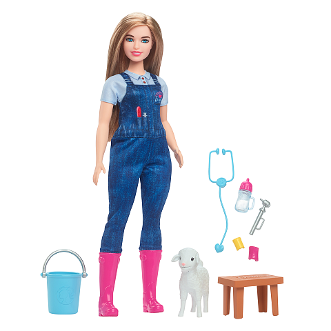 Barbie Barbie-Karrierepuppe Hoftierärztin zum 65. Jubiläum und 10 Zubehörteile, darunter ein Lamm mit bewegbaren Ohren