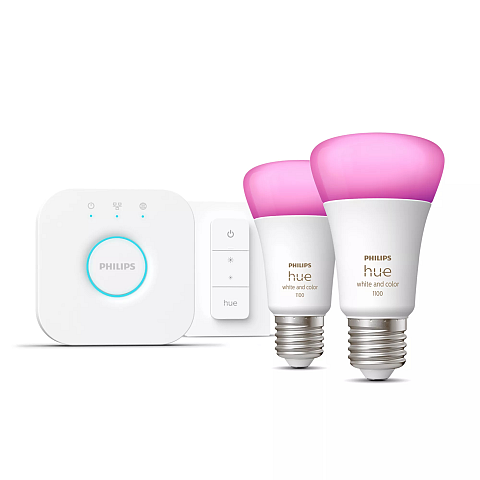 Philips Hue White and Color ambiance Starter-Set: E27 - Lampe A60 Doppelpack + Dimmschalter