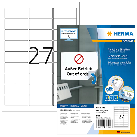 HERMA Ablösbare Etiketten A4 63.5x29.6 mm weiß Movables/ablösbar Papier matt 2700 St.