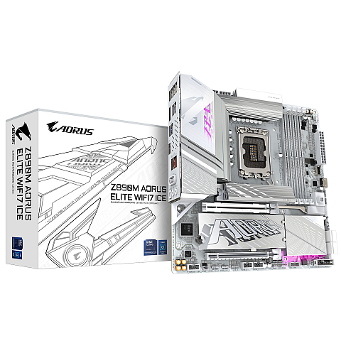 GIGABYTE Z890M AORUS ELITE WIFI7 ICE Mainboard - Unterstützt Intel Core Ultra (Serie 2) CPUs, 12+1+2 Phasen VRM, bis zu 8800MHz DDR5 (OC), 1xPCIe 5.0 + 2xPCIe 4.0, Wi-Fi 7, 2.5GbE LAN, USB 4