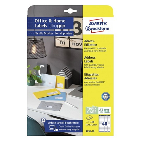 Avery 7636-10 selbstklebendes Etikett Rechteck Permanent Weiß 480 Stück(e)