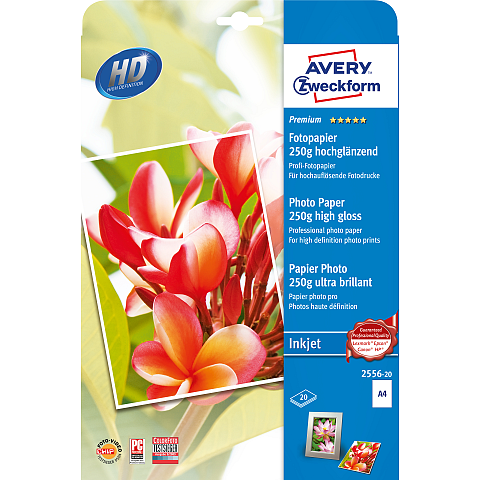 Avery Premium Inkjet Fotopapier Druckerpapier A4 (210x297 mm) Hoch-Glanz 20 Blätter Weiß