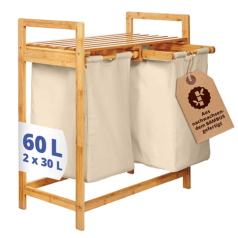 Lumaland 08437 Wäschekorb 60 l Rechteckig Bambus, Baumwolle, Polyester, Holz Bambus, Beige
