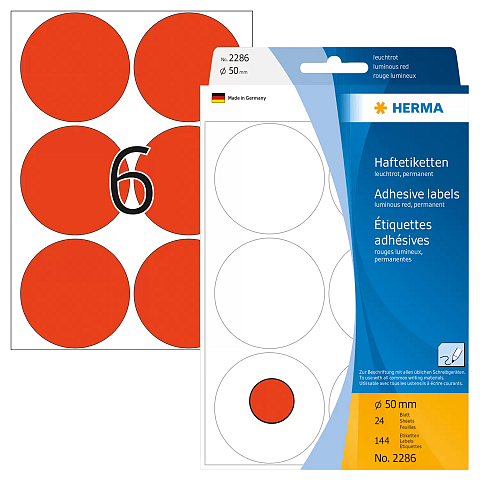 HERMA Vielzwecketiketten/Farbpunkte Ø 50 mm rund leuchtrot Papier matt Handbeschriftung 144 St.
