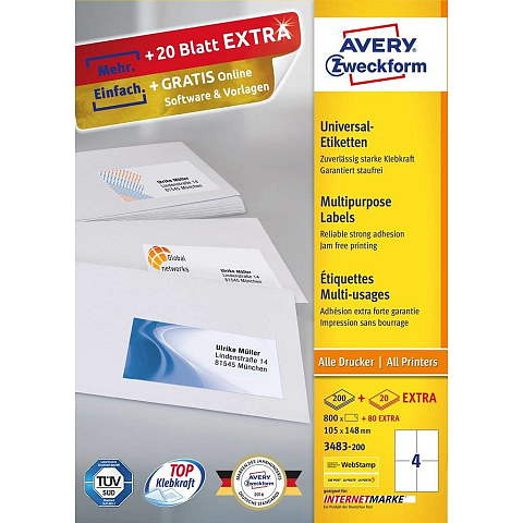 Avery 3483-200 selbstklebendes Etikett Rechteck Permanent Weiß 880 Stück(e)