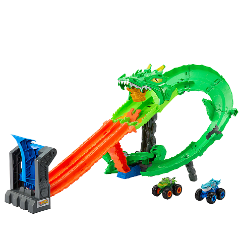Hot Wheels Monster Trucks Sharks vs. Dinos Drachenzerstörungs-Spielset und 2 Spielzeugtrucks
