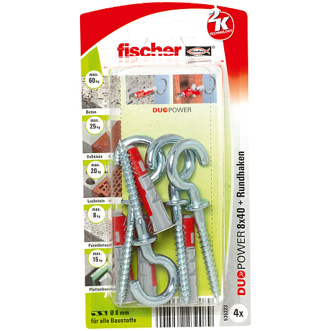 Fischer DuoPower 4 Stück(e) Schraubhaken & Dübelsatz 40 mm