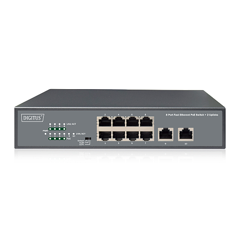 Digitus 8-Port Fast Ethernet PoE Switch, 19 Zoll, Unmanaged, 2 Uplinks