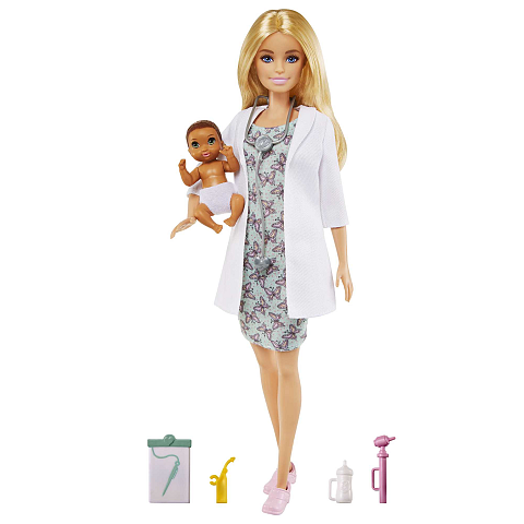 Barbie Kinderärztin-Spielset mit blonder Puppe, Babypuppe, Ärztinnen-Spielzubehör