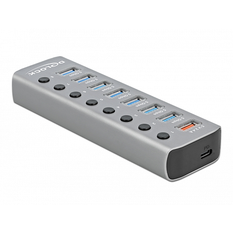 DeLOCK USB 5 Gbps Hub mit 7 Ports + 1 Schnellladeport + 1 USB-C PD 3.0 Port mit Schalter und Beleuchtung