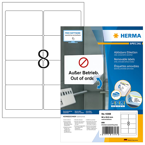 HERMA Ablösbare Etiketten A4 96x63.5 mm weiß Movables/ablösbar Papier matt 800 St.