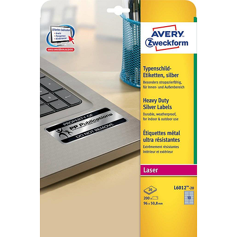 Avery L6012-20 selbstklebendes Etikett Abgerundetes Rechteck Permanent Silber 200 Stück(e)