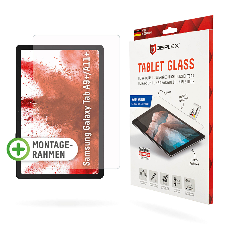 Displex Tablet Glass (9H) für Samsung Galaxy Tab A11+/A9+, Eco-Montagerahmen L-Form, unzerbrechlich