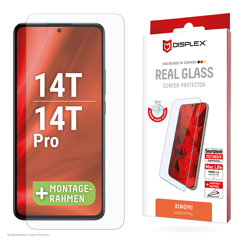 Displex Panzerglas (10H, 2D) für Xiaomi 14T, 14T Pro, Eco-Montagerahmen, kratzer-resistent