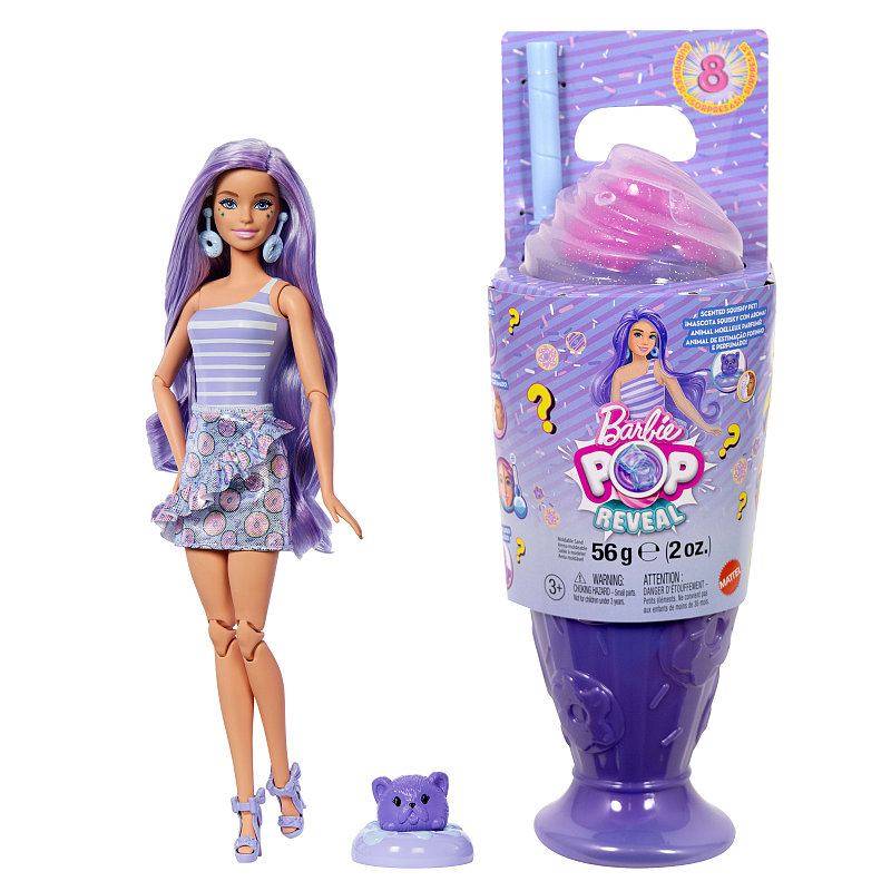 Barbie Pop Reveal Treat-Serie Set aus Puppe und Zubehör, Donut Dreams Modepuppe und Haustier