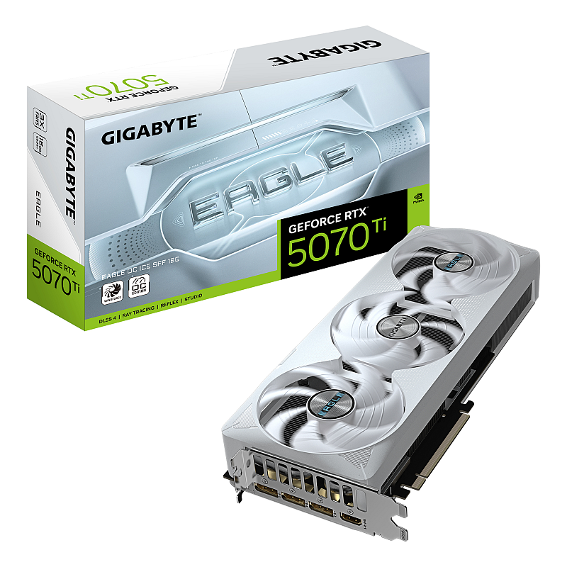 GIGABYTE GeForce RTX 5070 Ti EAGLE OC ICE SFF 16G Grafikkarte - 16GB GDDR7, 256 Bit, PCI-E 5.0, 2542 MHz Core Clock, 3 x DP 2.1a, 1 x HDMI 2.1b, NVIDIA DLSS 4, GV-N507TEAGLEOC ICE-16GD