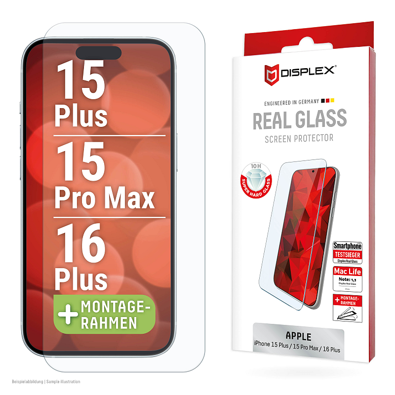 Displex Panzerglas (10H, 2D) für Apple iPhone 15 Plus/15 Pro Max/16 Plus, Eco-Montagerahmen, kratzer-resistent