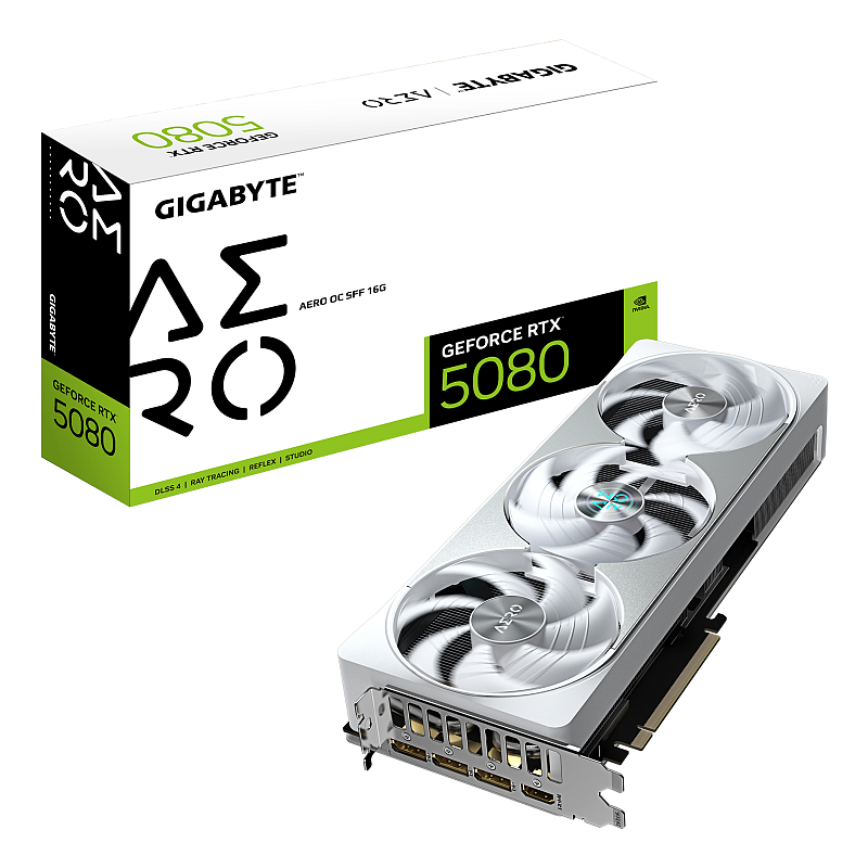GIGABYTE GeForce RTX 5080 AERO OC SFF 16G Grafikkarte - 16 GB GDDR7, 256 Bit, PCI-E 5.0, 2730MHz Core Clock, 3 x DisplayPort, 1 x HDMI, GV-N5080AERO OC-16GD