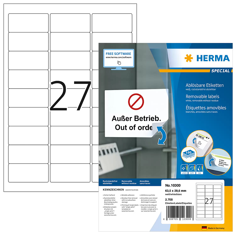 HERMA Ablösbare Etiketten A4 63.5x29.6 mm weiß Movables/ablösbar Papier matt 2700 St.