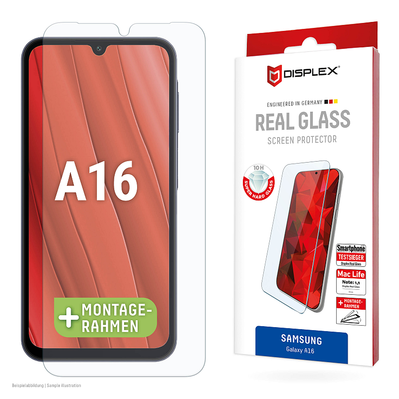 Displex Panzerglas (10H, 2D) für Samsung Galaxy A16, Eco-Montagerahmen, kratzer-resistent