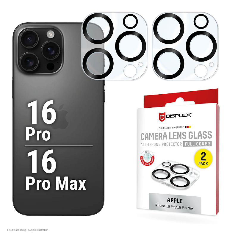 Displex Full Cover Camera Lens Glass, iPhone 16 Pro/16 Pro Max, Kamera Schutzglas, 10H, Quick Mount, 2 Stück